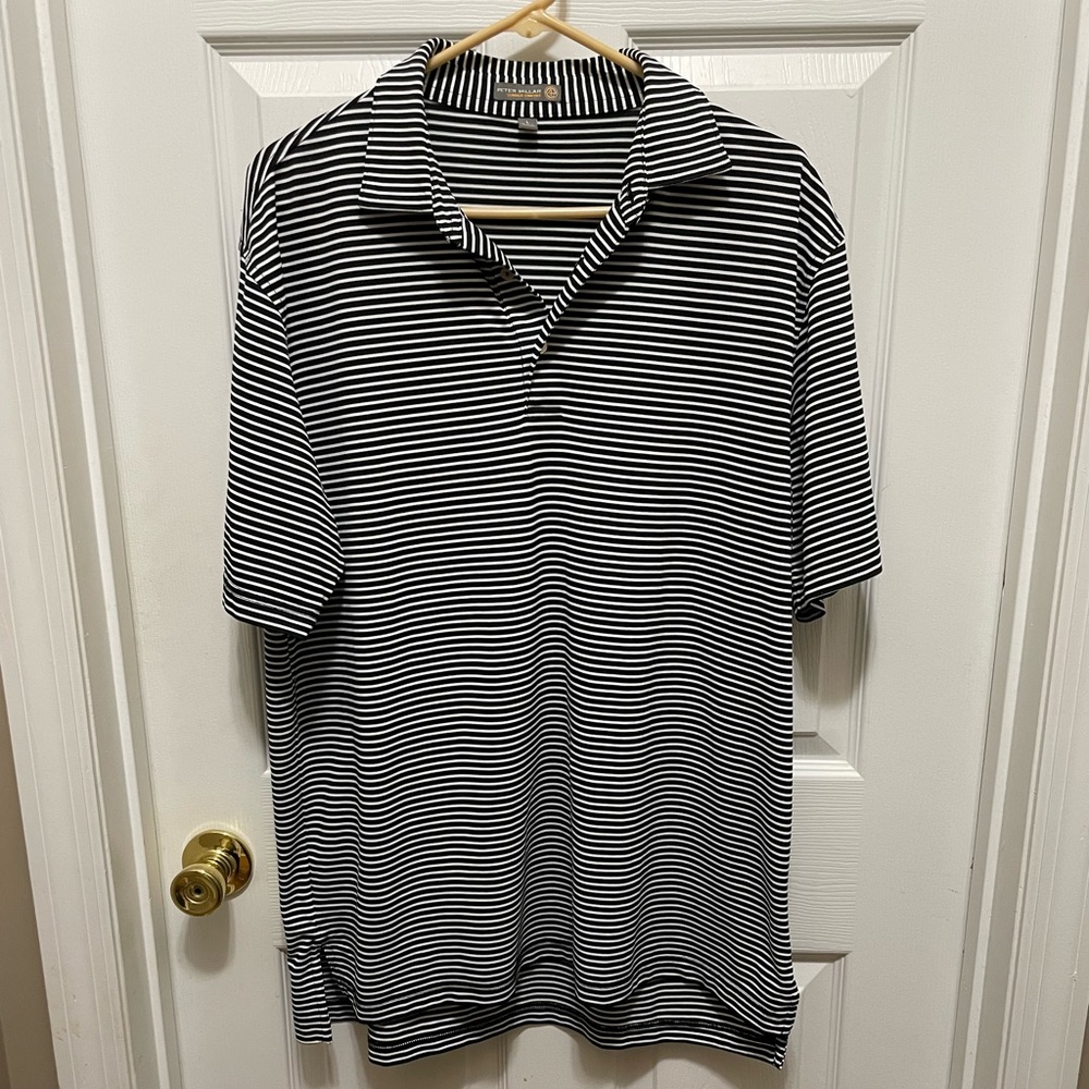 Peter Millar Black and White Striped Polo Shirt Size Large